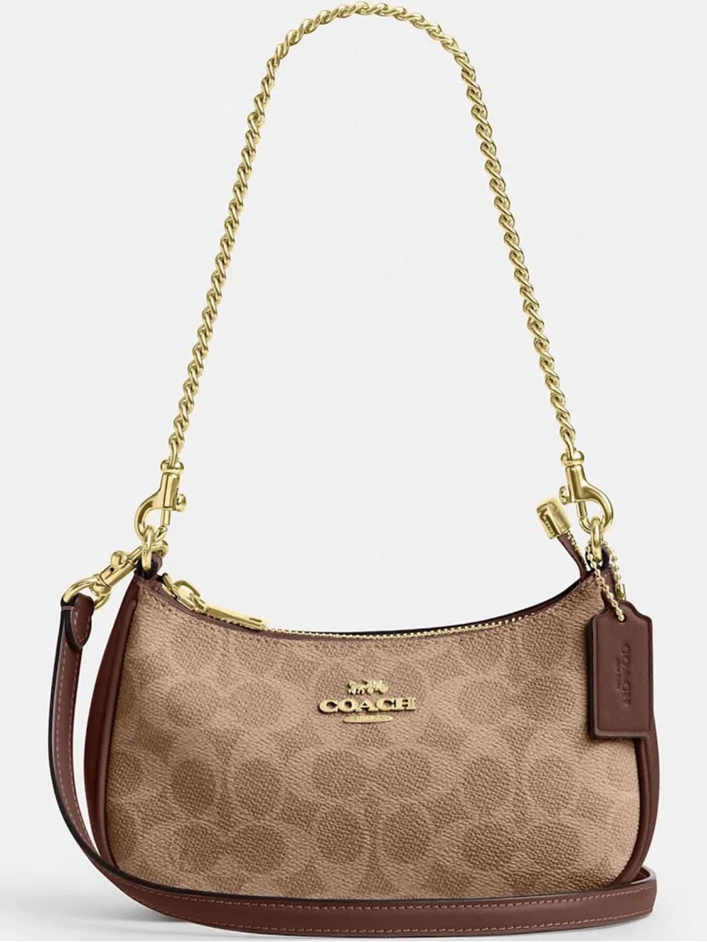 Coach Signature Canvas Shoulder Bag in Tan and Brown with Gold Hardware